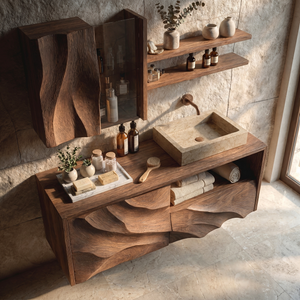 Sculpted Solid Wood Floating Bathroom Vanity with Layered Organic Relief