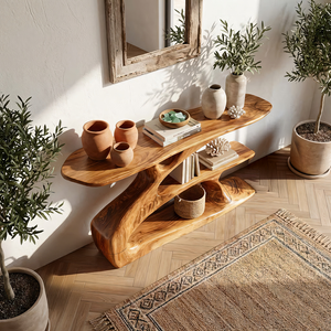 Sculptural Solid Wood Console with Integrated Shelf