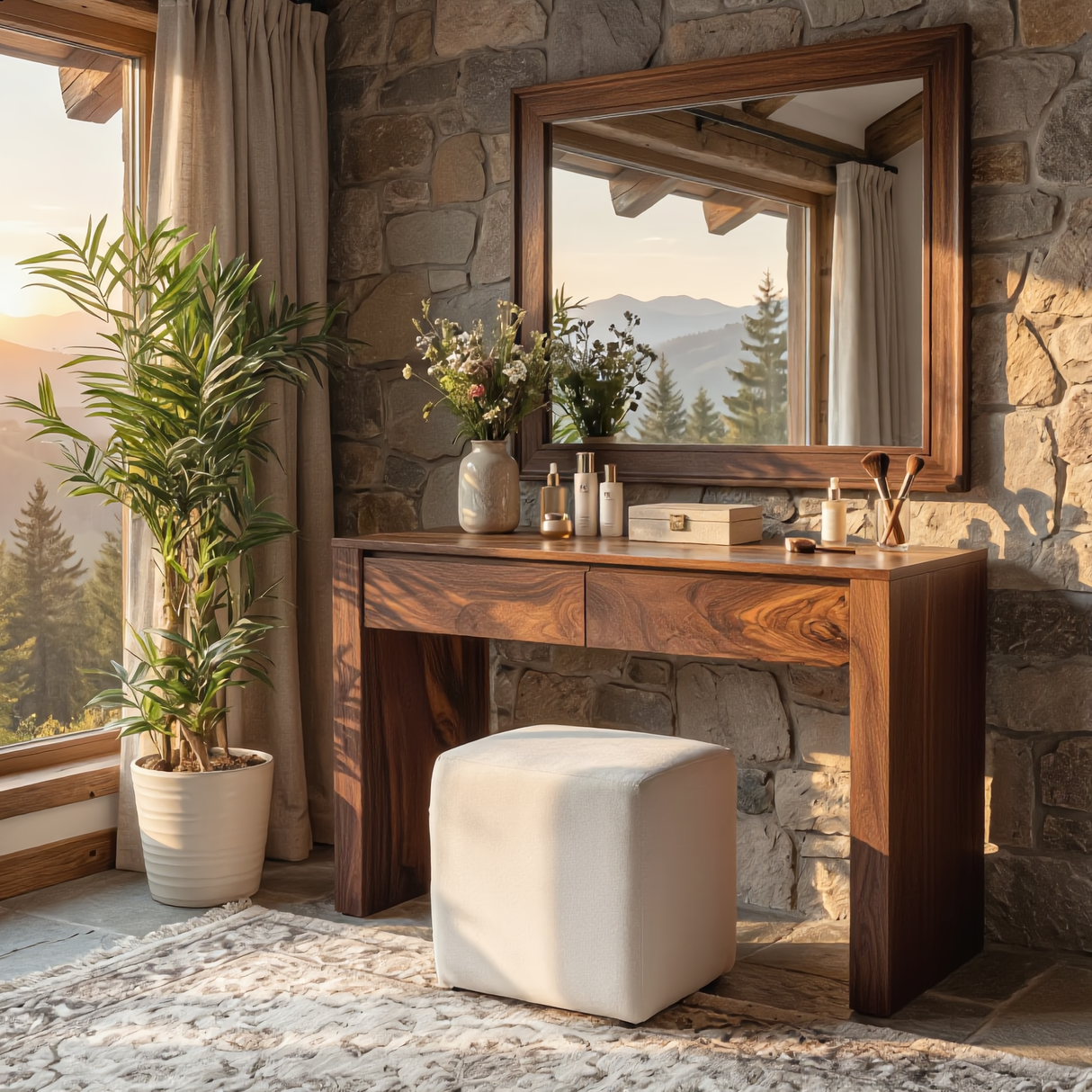 Solid Wood Vanity Table with Dual Drawers for Modern Bedroom