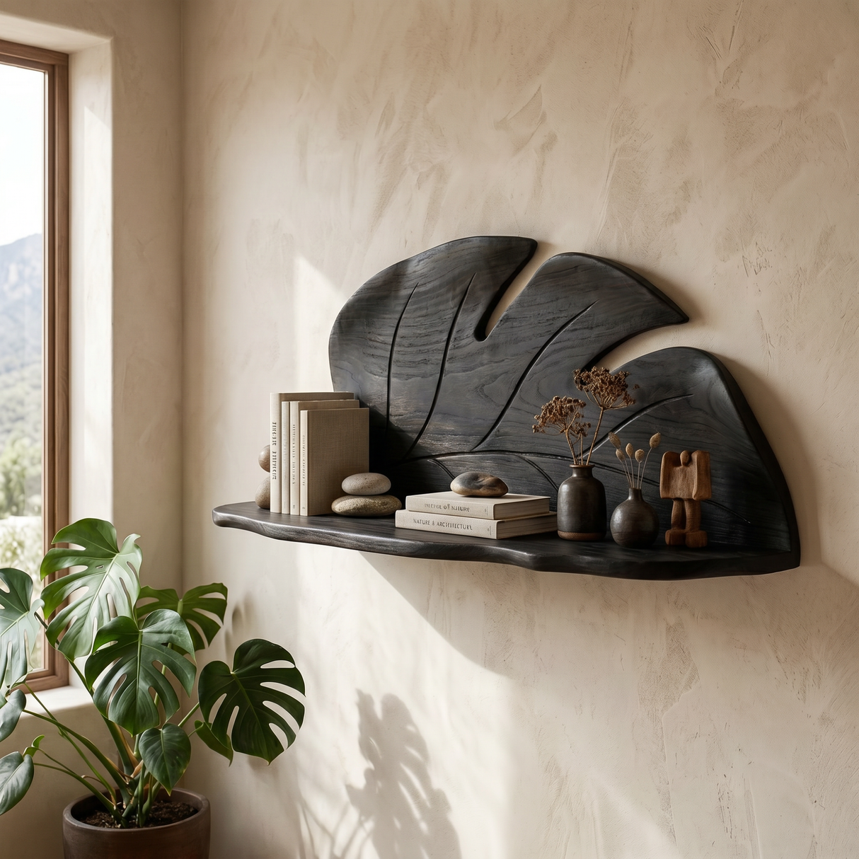 Hand Carved Solid Wood Monstera Leaf Wall Shelf for Decorative Display