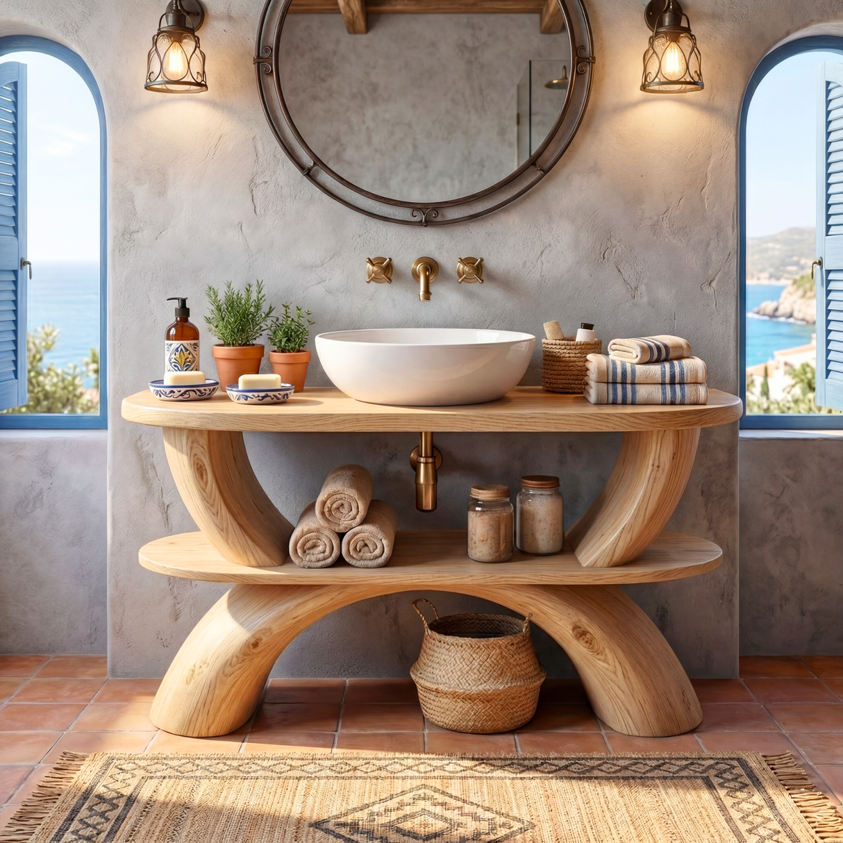 Handcrafted Solid Wood Bathroom Vanity Organic Modern Rustic Wood Vanity with Open Shelf