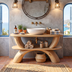 Handcrafted Solid Wood Bathroom Vanity Organic Modern Rustic Wood Vanity with Open Shelf