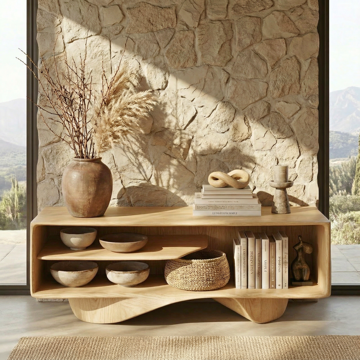 Gallery Style Solid Wood Media Console with Floating Wave Base, Minimalist TV Cabinet for Organic Modern Interiors