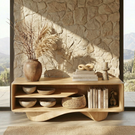 Gallery Style Solid Wood Media Console with Floating Wave Base, Minimalist TV Cabinet for Organic Modern Interiors