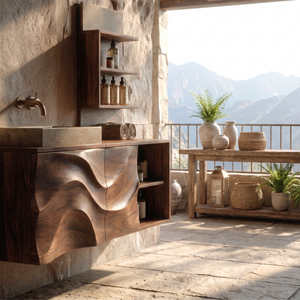 Sculptural Solid Wood Bathroom Vanity Cabinet with Carved Wave Front