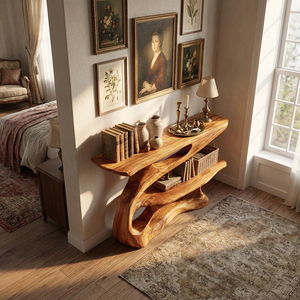 Modern Sculpted Wood Console Table with Open Shelf