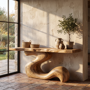 Console Table Solid Wood with Sculptural S Curve Base for Entryway Decor