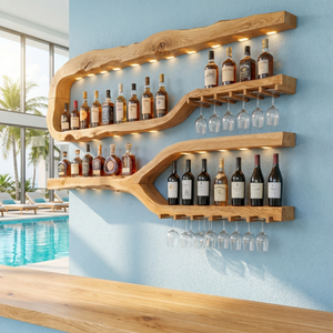 Luxury Solid Wood Wine Rack Wall Shelf With Glass Holder