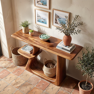 Organic Solid Wood Console Table with Sculpted Base