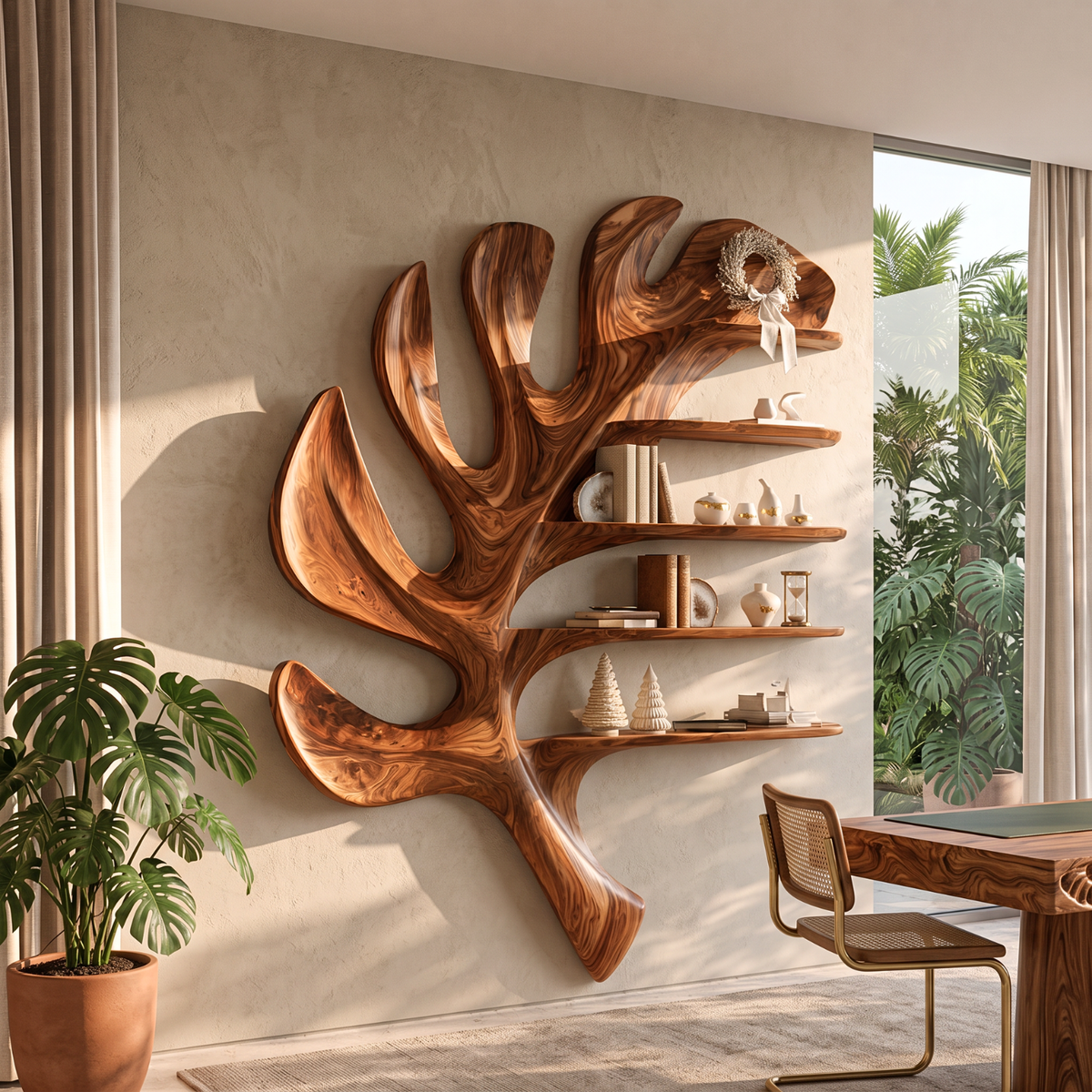 Tropical Leaf Solid Wood Wall Shelf with Sculptural Floating Display Shelves