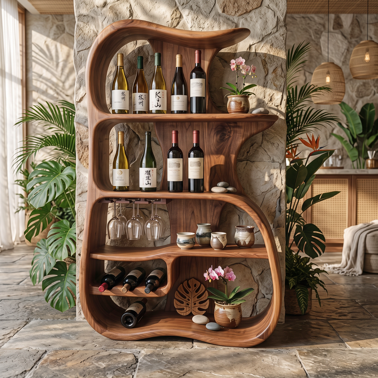 Wine Cabinet Solid Wood Organic Open Shelf Design for Dining Room