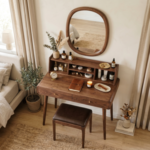 Handcrafted Solid Wood Vanity Desk with Open Organizer Shelf and Drawer Storage