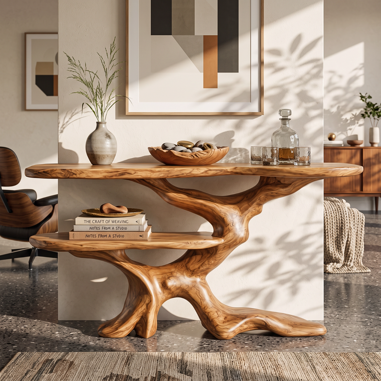 Console Table Solid Wood with Sculptural Branching Two Tier Base for Entryway Decor