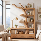 Solid Wood Bookshelf with Tree Trunk Form and Storage Drawers Organic Modern Display Shelf Unit
