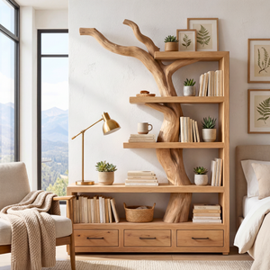 Solid Wood Bookshelf with Tree Trunk Form and Storage Drawers Organic Modern Display Shelf Unit