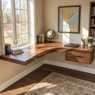 Floating Corner Desk Solid Wood with Live Edge Top and Built-In Drawer for Home Office