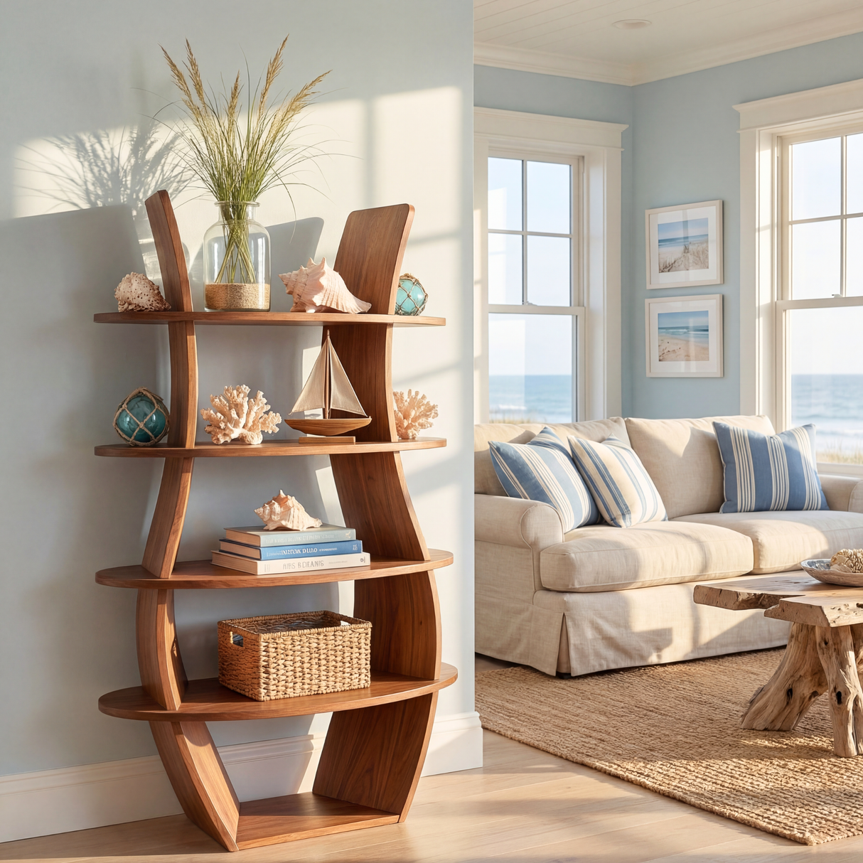 Curved Tiered Wood Corner Display Shelf with Open Round Shelving