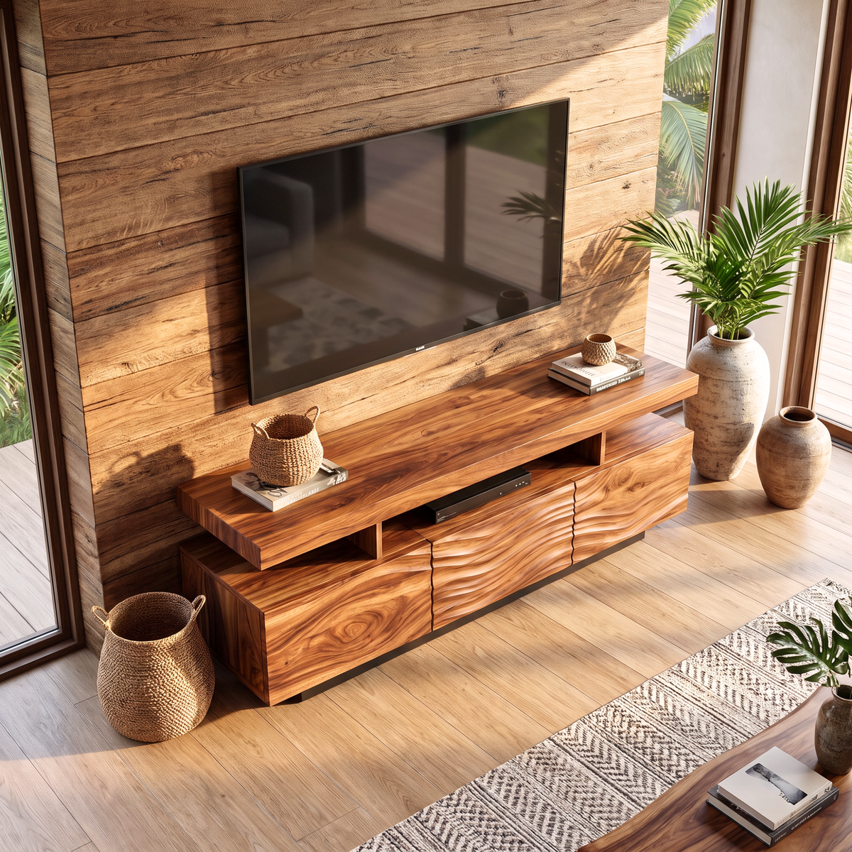 Solid Wood TV Stand with Floating Top and Sculpted Wave Front Cabinet