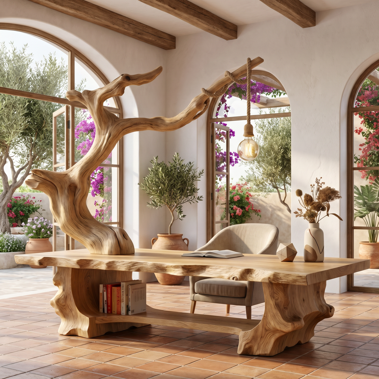Solid Wood Sculptural Desk With Integrated Hanging Lamp Organic Modern Artistic Workspace Table