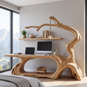 Solid Wood Desk with Hanging Light Tree Inspired Reading Table Organic
