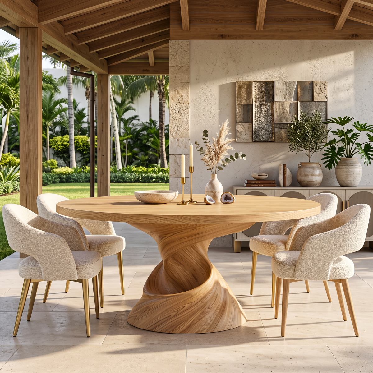 Dining Table with Helix Inspired Base and Solid Wood Surface