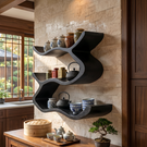 Wall Mounted Solid Wood Spice Shelf with Sculpted Ribbon Edge Design
