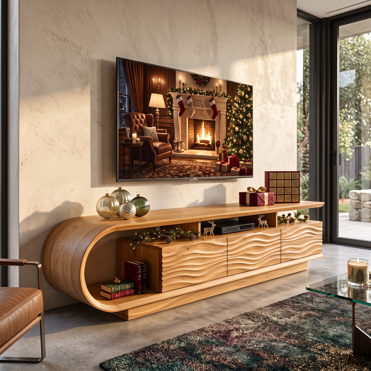 TV Stand with Curved Waterfall Side and Carved Wave Storage Cabinet