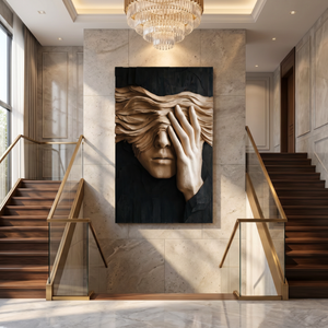 Silent Gaze Wood Wall Sculpture with Flowing Veil