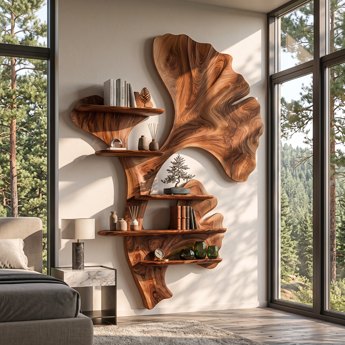 Ginkgo Leaf Solid Wood Wall Shelf with Sculptural Botanical Design
