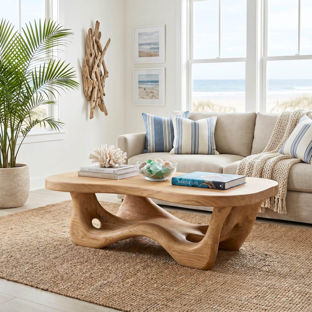 Organic Solid Wood Coffee Table with Flowing Sculptural Base and Soft Rounded Top