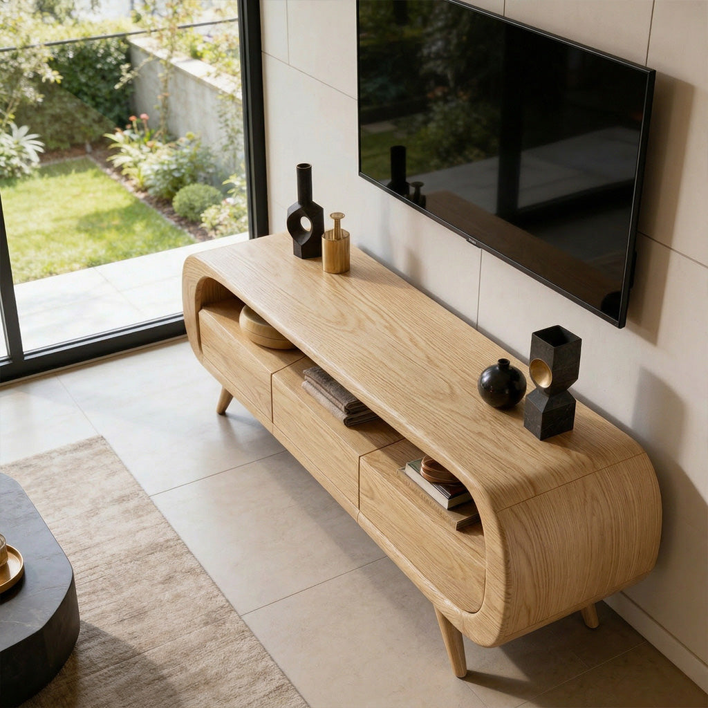 Organic Modern Solid Wood Media Console with Rounded Edges