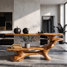 Artistic Solid Wood Console Table with Tiered Shelves and Flowing Branch Base
