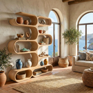Handcrafted Solid Wood Organic Wall Bookcase with Curved Open Shelves