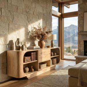 Sculptural Solid Wood Sideboard with Center Drawers and Rounded Open Shelves, Organic Modern Storage Cabinet