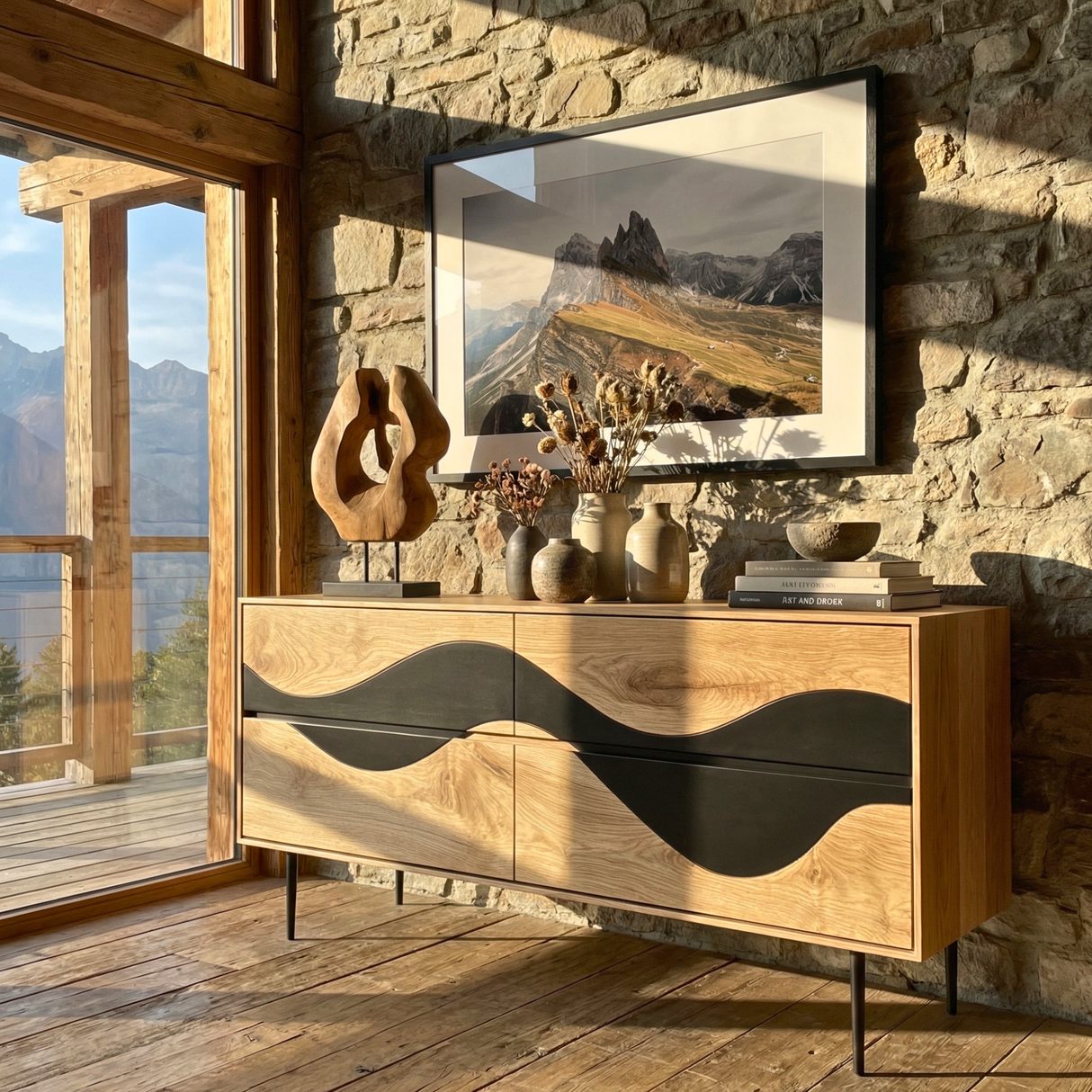 Wave Front Sideboard Cabinet with Sculptural Contrast, Modern Storage Credenza