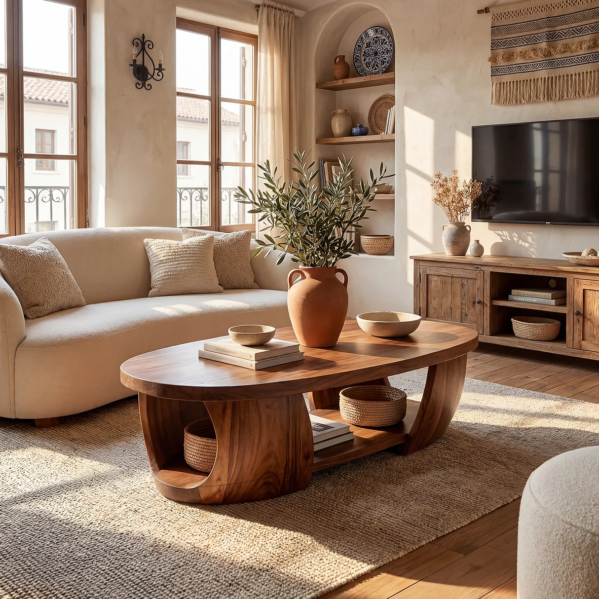 Solid Wood Oval Coffee Table with Sculptural Base