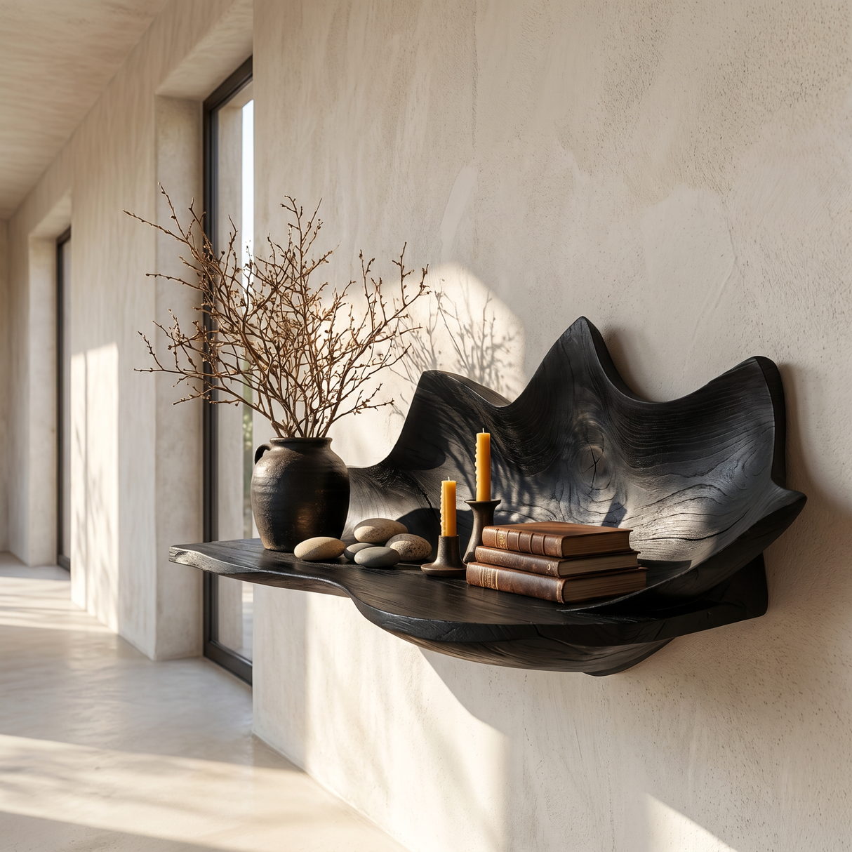 Handcrafted Solid Wood Sculpted Leaf Wall Shelf with Curved Display Tray