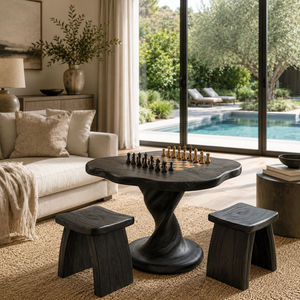 Handcrafted Solid Wood Chess Table with Organic Freeform Top and Sculptural Pedestal Base