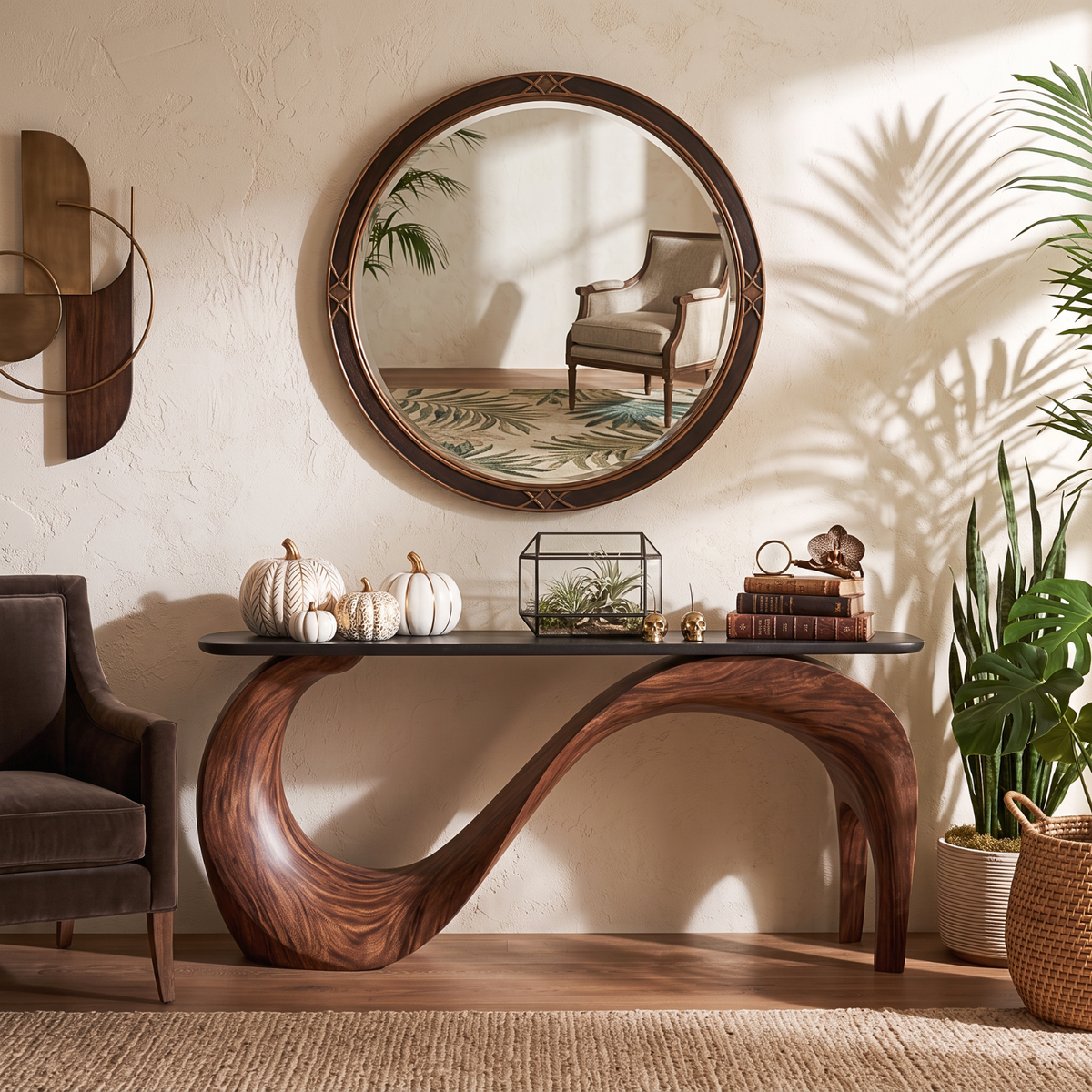 Sculptural Solid Wood Console Table with Flowing Arch Base