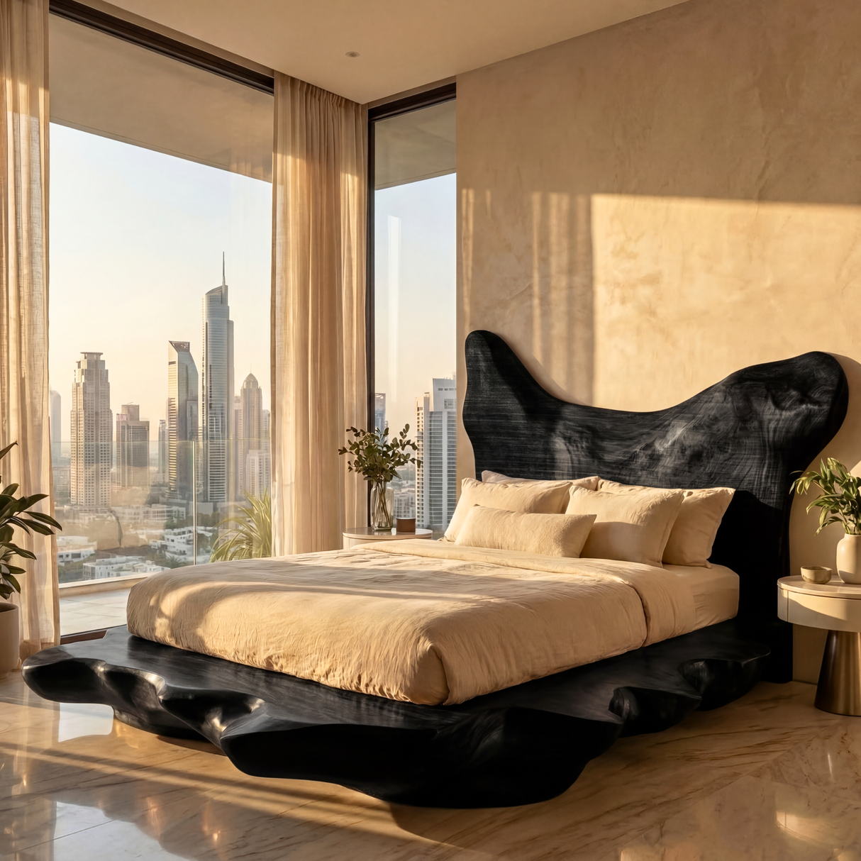 Sculptural Solid Wood Bed Frame with Organic Live Edge Platform, Statement Bed for Organic Modern Bedrooms