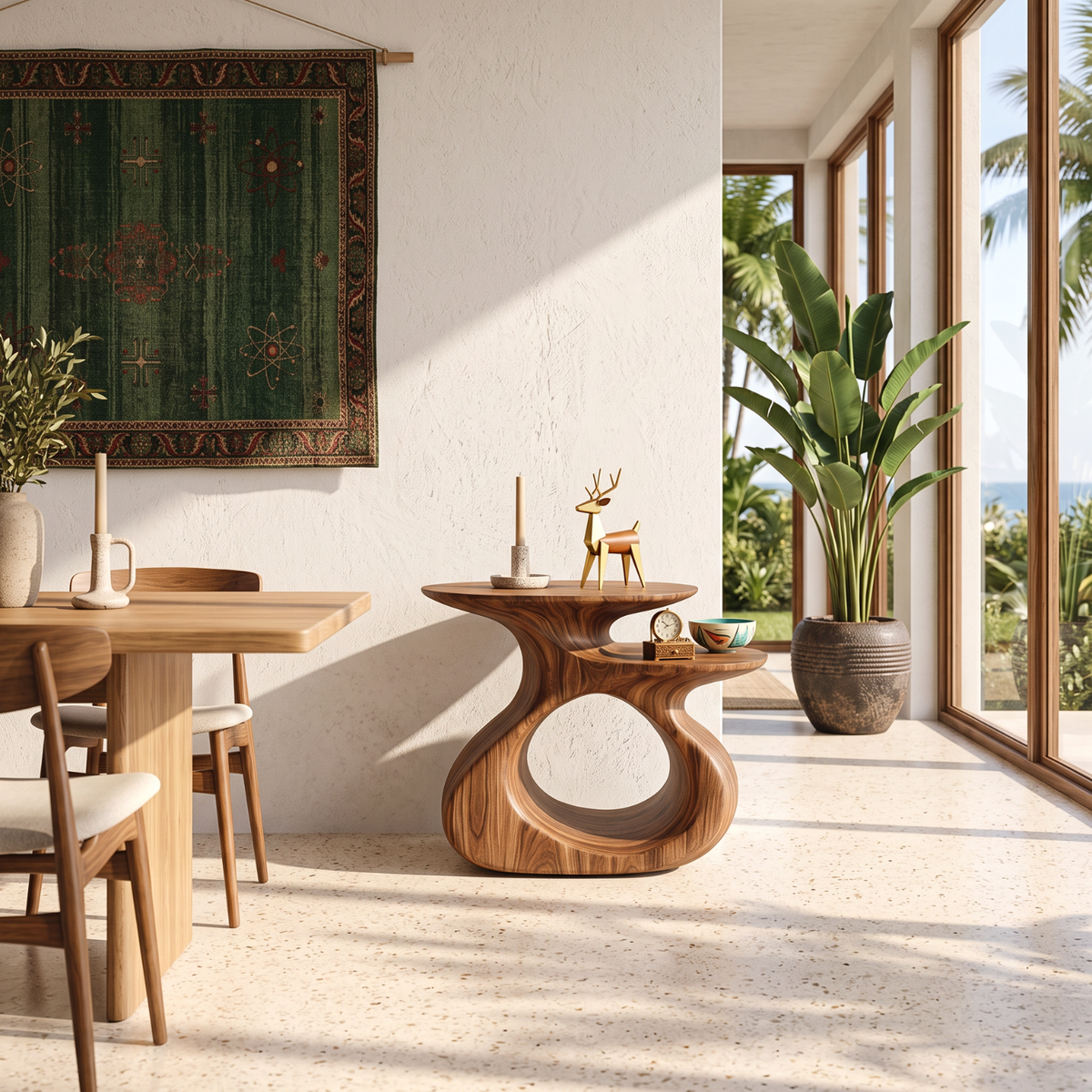 Sculptural Solid Wood Side Table with Open Loop Base and Offset Shelf