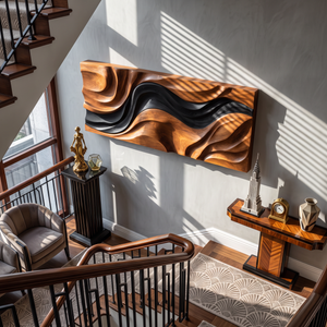 Wall Sculpture Abstract Tides with Flowing Black and Natural Wood Layers