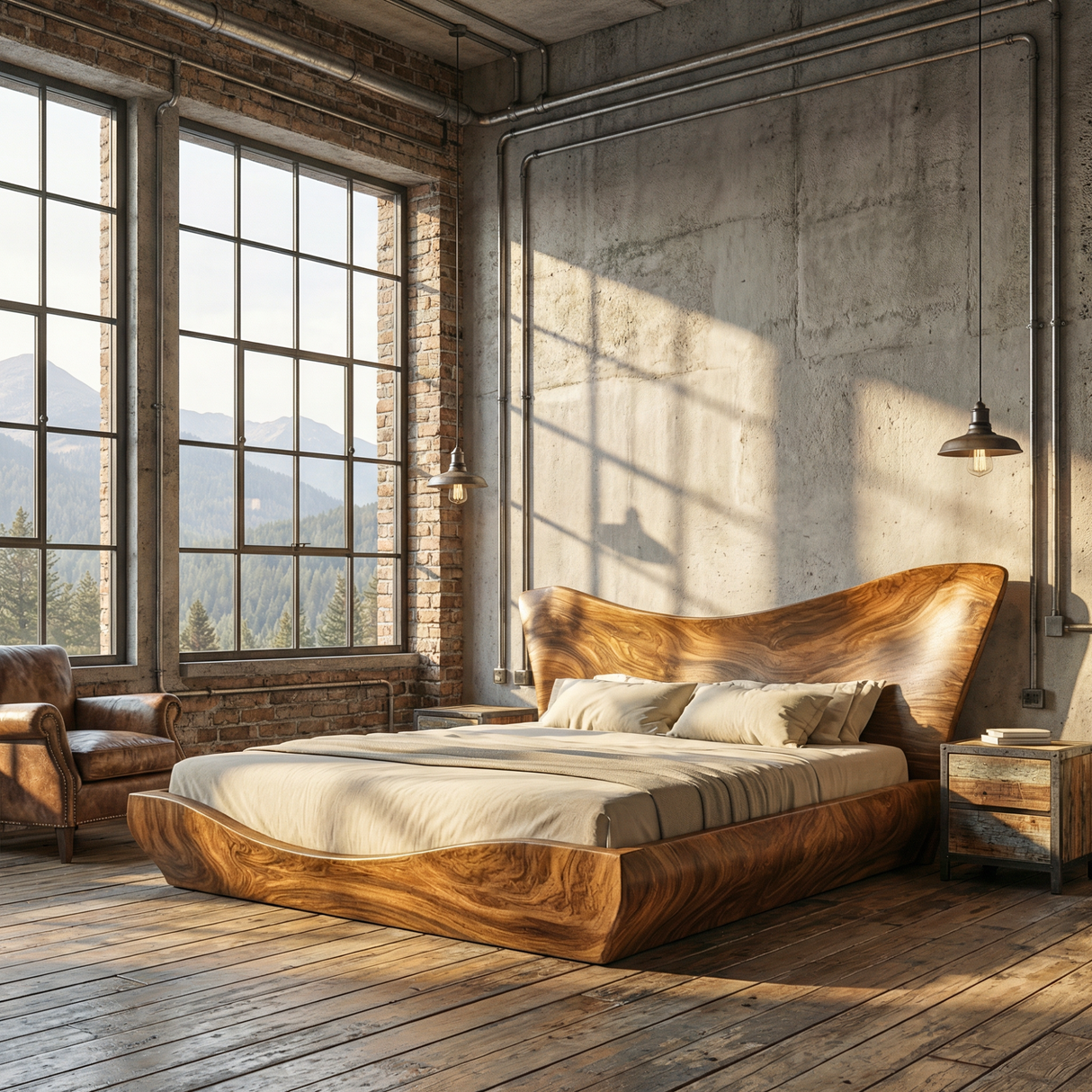 Sculptural Solid Wood Platform Bed with Organic Curved Headboard