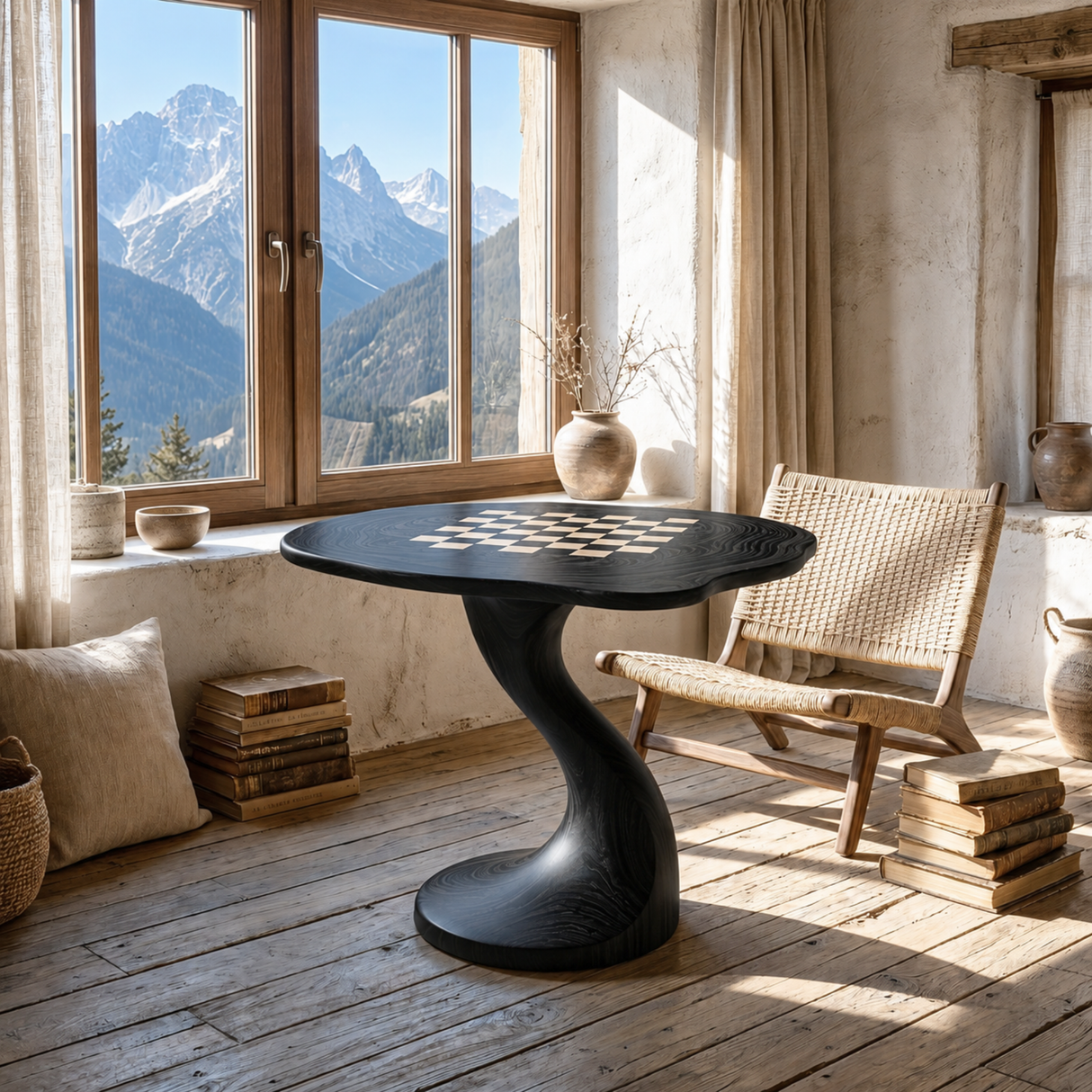 Handcrafted Solid Wood Chess Table with Organic Round Top and Curved Pedestal Base