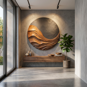 Handcrafted Round Wood Wall Sculpture with Flowing Layered Relief and Charcoal Textured Contrast