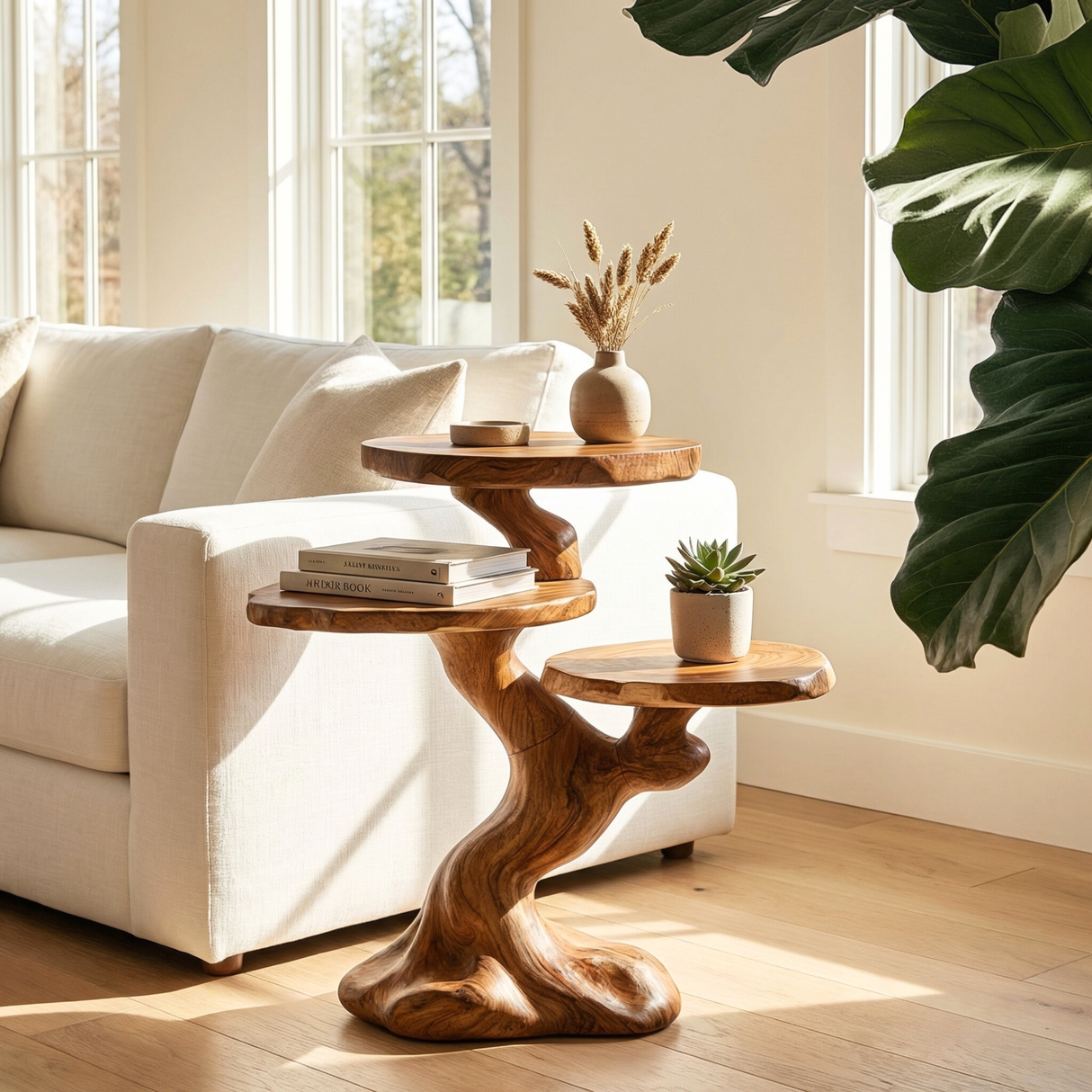 Sculptural Tree Form Accent Table with Three Round Display Tops