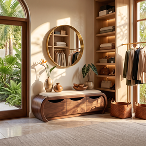 Curved Solid Wood Shoe Cabinet Bench with Three Hidden Storage Compartments