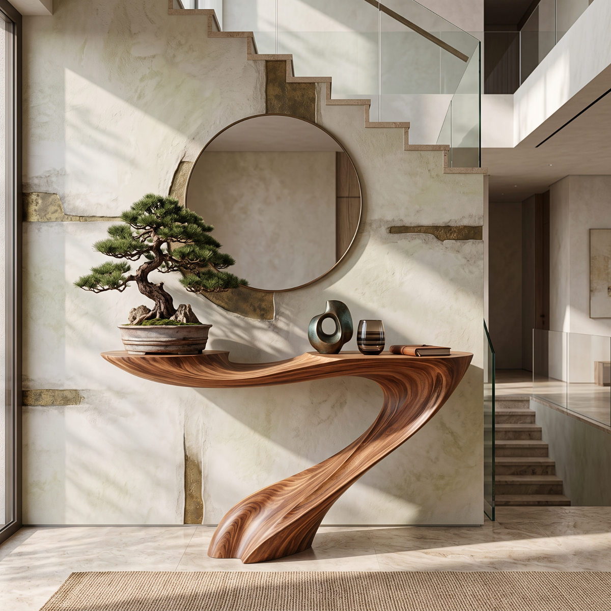 Handcrafted Solid Wood Console Table with Sweeping Wave Pedestal