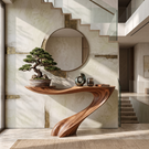 Handcrafted Solid Wood Console Table with Sweeping Wave Pedestal