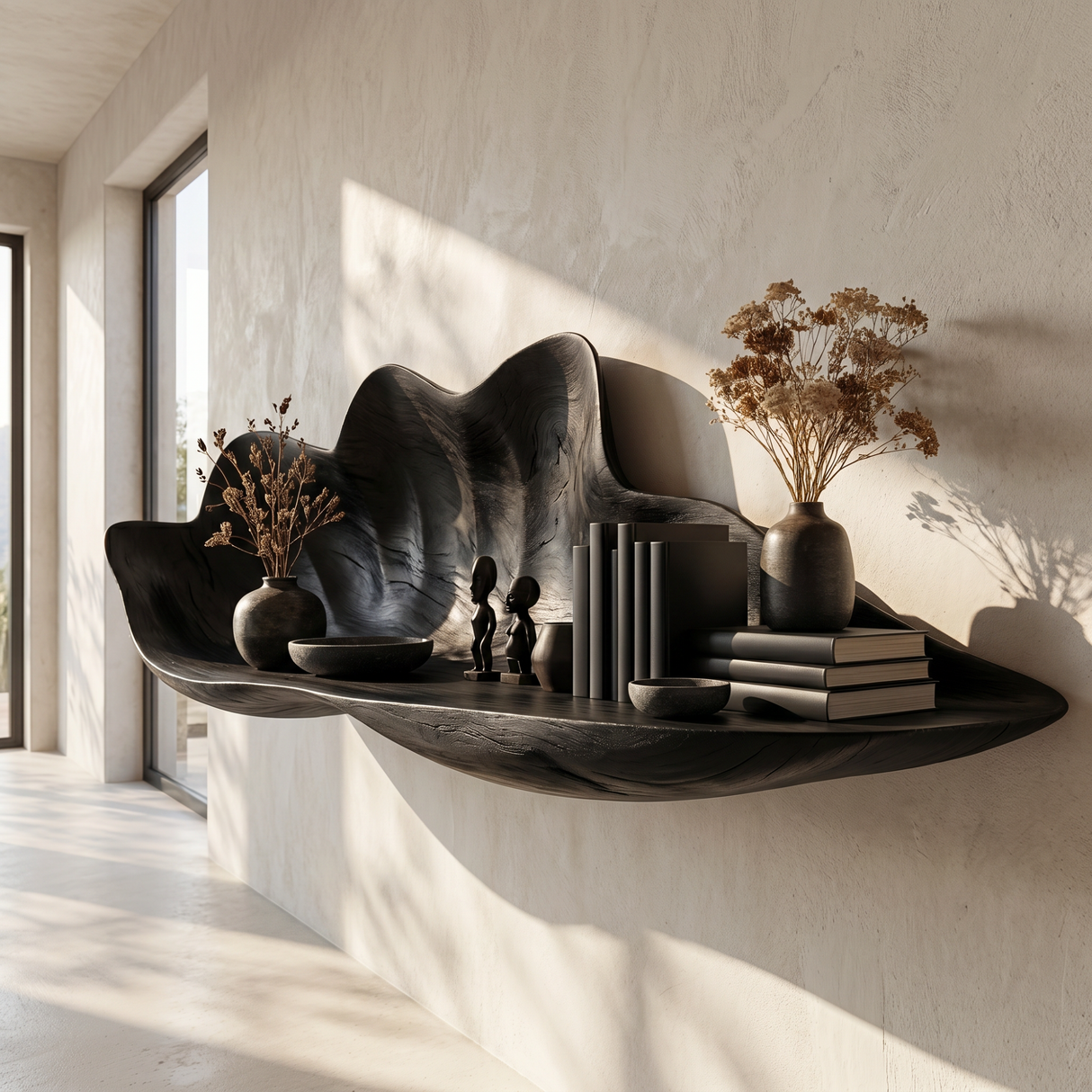 Handcrafted Solid Wood Flower Petal Wall Shelf for Books and Decor